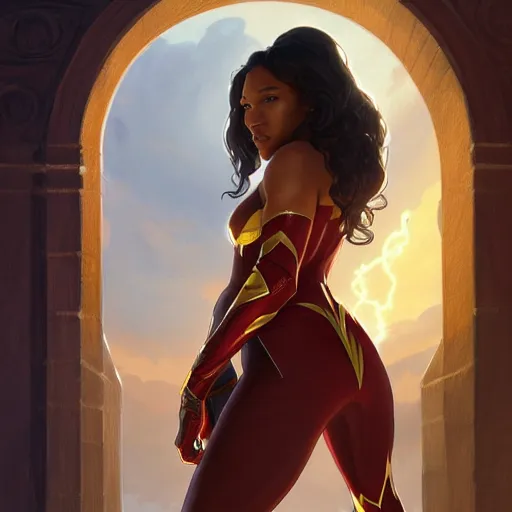 Image similar to Candice Patton as Flash, western, D&D, fantasy, intricate, elegant, highly detailed, digital painting, artstation, concept art, matte, sharp focus, illustration, art by Artgerm and Greg Rutkowski and Alphonse Mucha