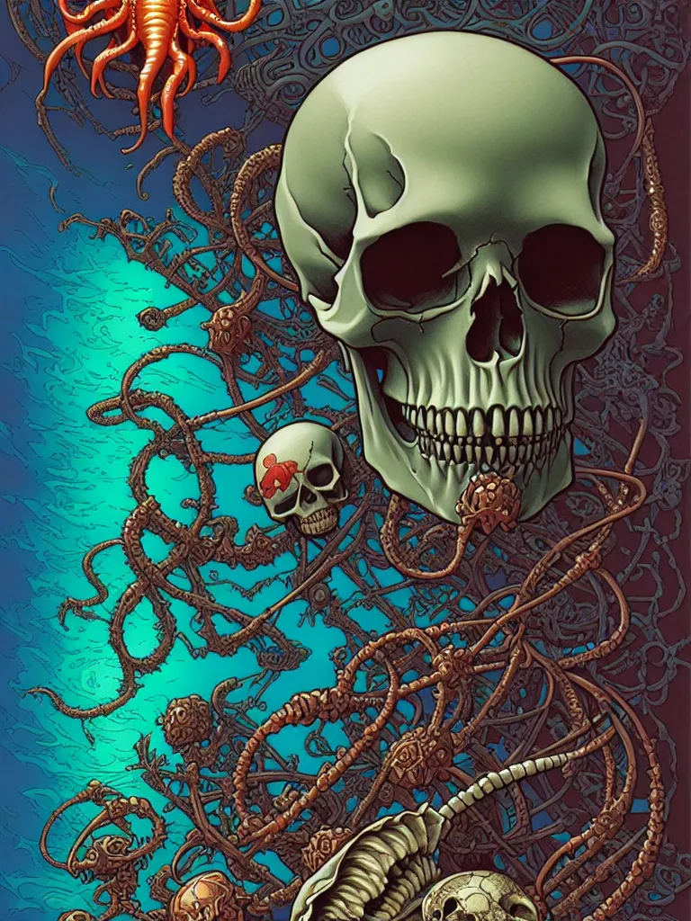 Prompt: a single skull in the sea by josan gonzalez and dan mumford and greg hildebrandt and donato giancola and raymond swanland and peter driben and william - adolphe bouguereau, glowing red skull, blue jellyfish, green water, highly detailed, high contrast, intricate details, blended palette