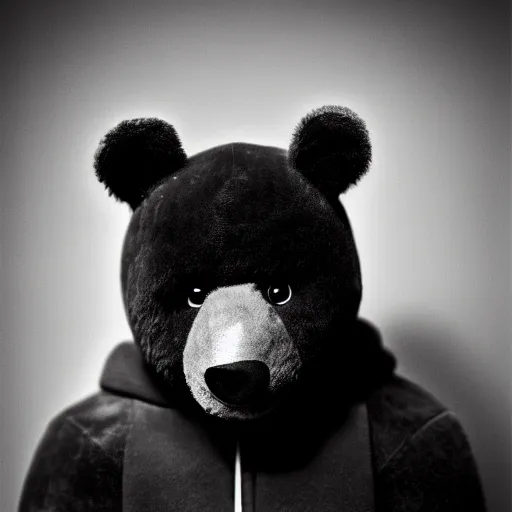 Image similar to a ( ( chiaroscuro lighting portrait ) ) of kanye west dressed as teddy bear mascot, ( ( black background ) ), portrait by julia margaret cameron, shallow depth of field, 8 0 mm, f 1. 8