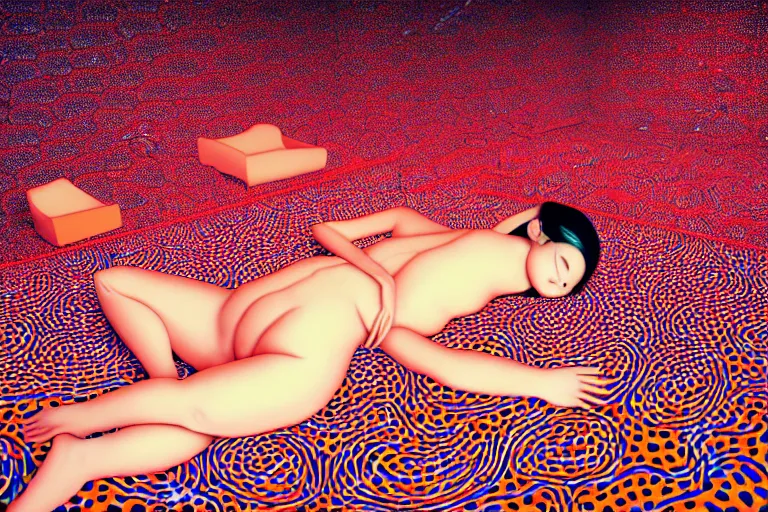 Image similar to realistic detailed image of a woman laying down in a padded room, conjuring psychedelic background, part by takato yamamoto, part by yayoi kusama, part by alex gray, ross tran, james jean, ultra realistic, octane render, highly detailed, 8 k, trending on artstation, cosmic, symmetry, masterpiece