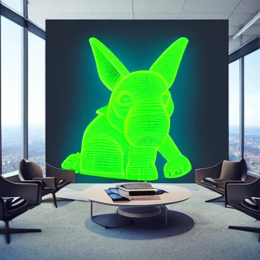 Image similar to a neon elephant yoda in a modern office space, art designers magazine HD photo superrealism 3d 8k resolution