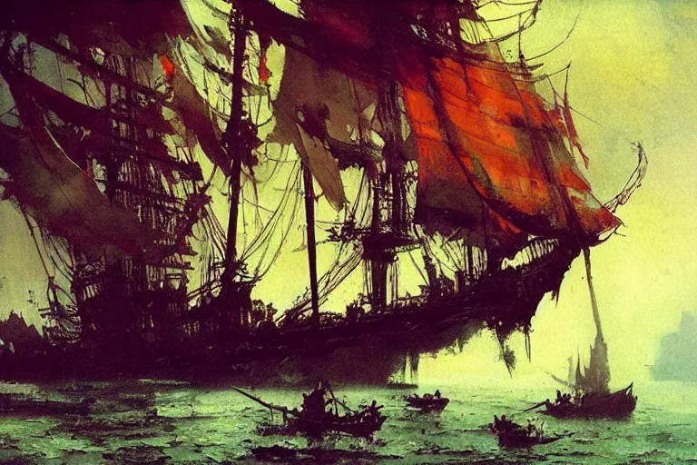 Image similar to pirate ship interior, intricate, elegant, highly detailed, vivid colors, john harris, frazetta, tyrus wong, ruan jia, jeffrey catherine jones