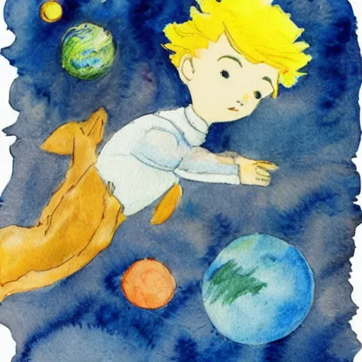 Image similar to the little prince on a little planet floating in space, original watercolors by exupery