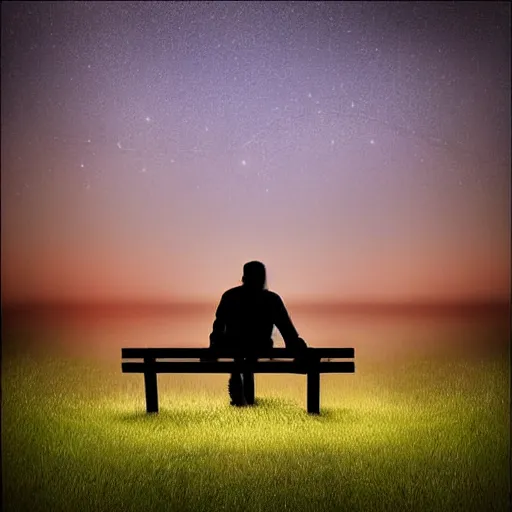 Image similar to a man sitting on a bench at nigh, stunning digital art
