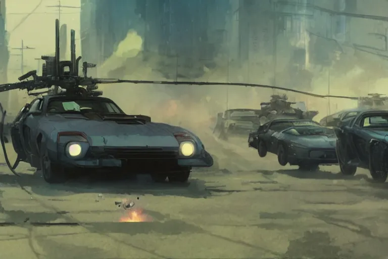 Prompt: 2 0 0 1 space odyssy diesepunk toyota mr 2 mad max speeding through a fuel depot chase under fire by greg rutkowski makoto shinkai takashi takeuchi studio ghibli, akihiko yoshida