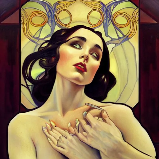 Image similar to a streamline moderne painting in the style of donato giancola, and in the style of charlie bowater, and in the style of alphonse mucha. symmetry, smooth, sharp focus, semi - realism, intricate detail.