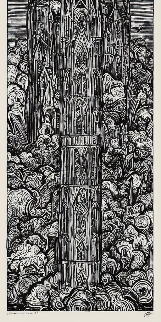 Prompt: mcbess illustration of a gothic tower, rainbow gouache