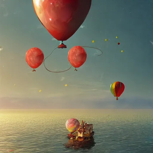 Prompt: digital art of plenty of birthday balloons floating above the sea. artstation cgsociety masterpiece