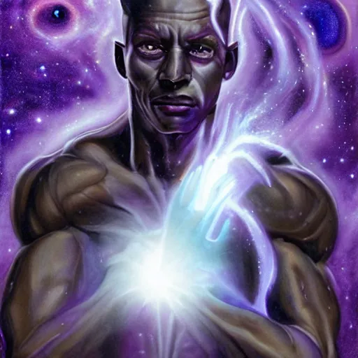 Image similar to detailed realistic painting of a man with well defined muscles made of purple space dust wielding a dark purple cosmic orb in each hand, planetary rings orbit his wrists and he has long flowing purple hair obscuring his face made of deep purple stardust, bright white lens flare peeking through his hair where his eye would be, staring at viewer