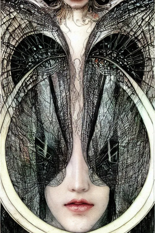 Prompt: dark fairy face closeup surrounded circular frame of insect wings, art by luis royo and walter crane and kay nielsen, watercolor illustration, ultra sharp focus