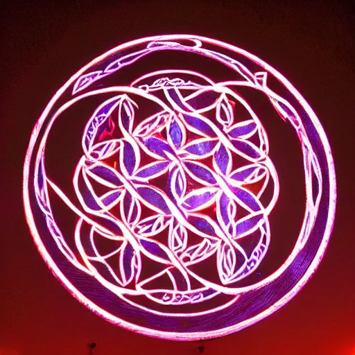 Prompt: Celtic flower of life carved on a tree illuminated by full moonlight, Photo taken with Nikon ISO 2600