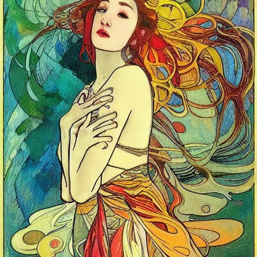 Image similar to The Goddess of Art, paint, ink, palettes, spectrum, in the style of Octavia Ocampo, Mucha, Kandinsky