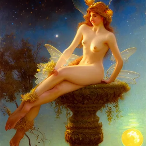 Image similar to attractive fairy magically floating high in the night, fantasy, full moon in background. highly detailed painting by gaston bussiere, craig mullins, j. c. leyendecker, sharp focus, 8 k