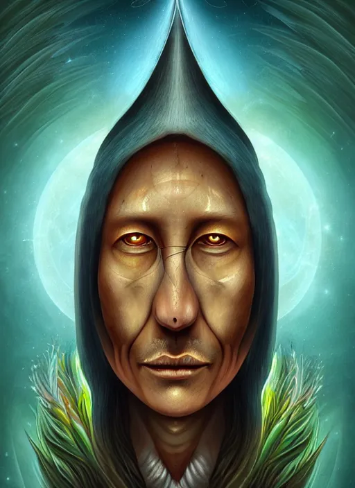 Prompt: matte symmetrical portrait of a wizard of the arawak tribe revealing the ancient secret of how life entered the cosmos, noble bearing. by hieronymus bosch, cyril rolando, esher and natalie shau, whimsical, profound, impossible. trending on devaintart.