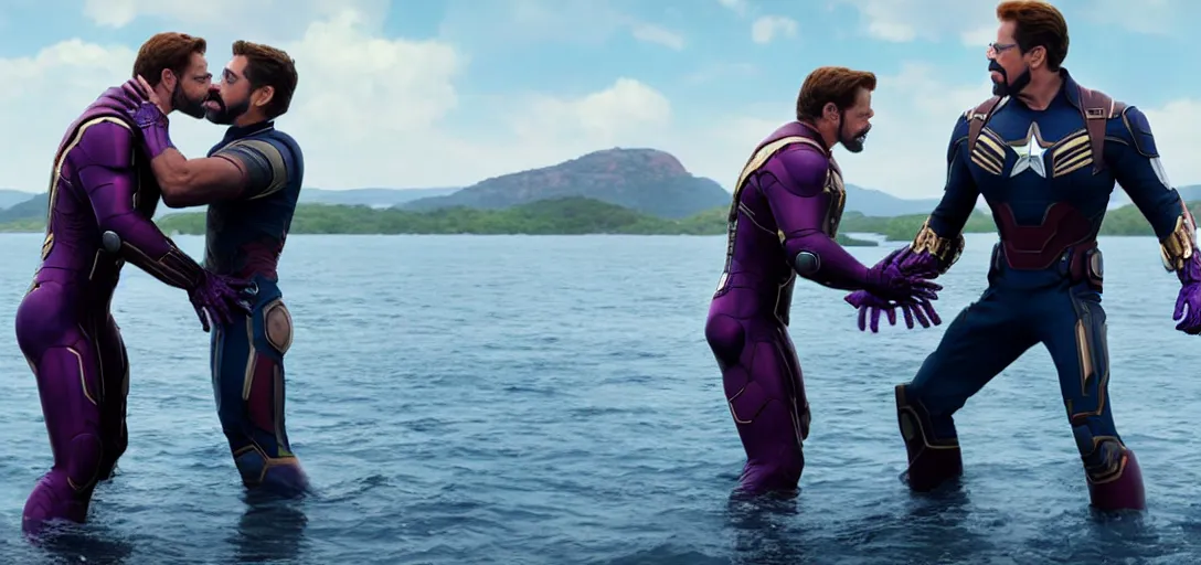 Image similar to a very high resolution image from a new movie. thanos kissing tony stark while capitan america watches on a lake, photorealistic, photography, directed by wes anderson