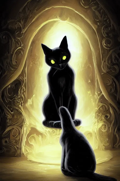 Image similar to evil black cat sitting next to a glowing doorway, by Anne Stokes, digital illustration, artstation, artstation hq, hd