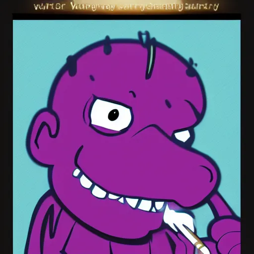 Image similar to barney the purple dinosaur from kids show drinking whisky and smoking a cigar, portrait art, digital art, trending on artstation