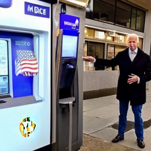 Prompt: joe biden buying bitcoin at an atm, in front of an arby's, on a cold winter night