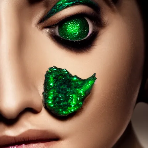 Image similar to a demon inspired by emeralds created by the make up artist hungry, photographed by andrew thomas huang, cinematic, expensive visual effects