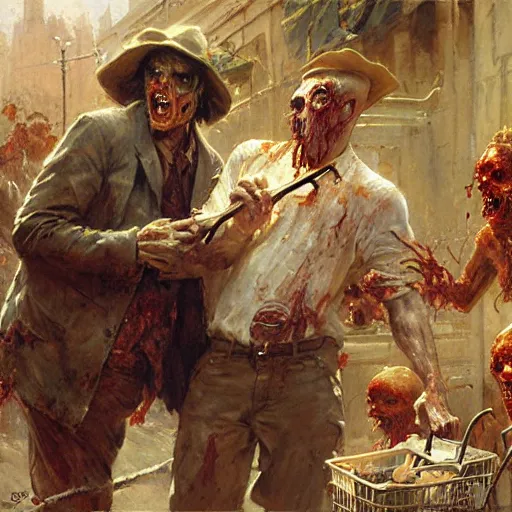 Prompt: a couple of zombies doing weekly shopping and arguing about the milk prices by by gaston bussiere, craig mullins, j. c. leyendecker