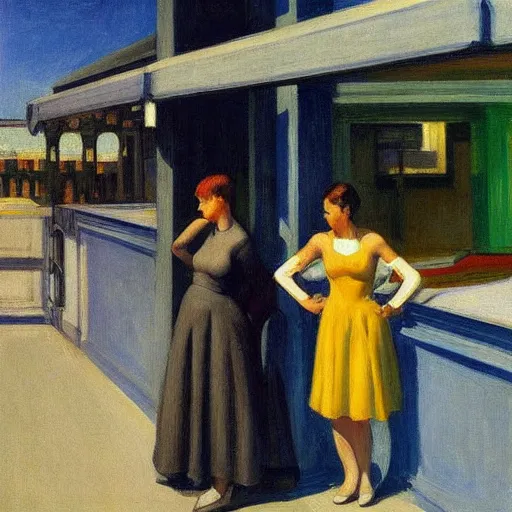 Image similar to cyborgs by edward hopper