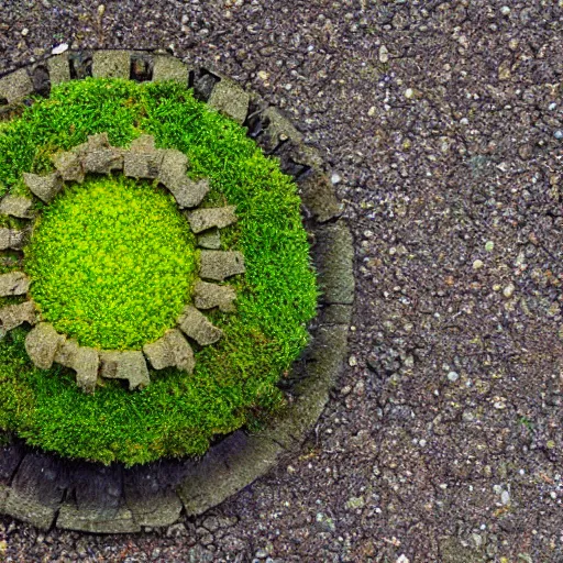 Prompt: radial statue with very yellow moss