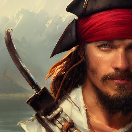 Image similar to pirate closeup portrait, dramatic light, lake background, 2 0 0 mm focal length, painted by stanley lau, painted by greg rutkowski, painted by stanley artgerm, digital art, trending on artstation
