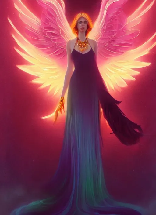 Image similar to ombre velvet gown, beautiful elegant bwoman with glowing wings, portrait, neon outline, long hair, tiara, dozens of jeweled necklaces, by greg rutkowski, brom, anato finnstark, alphonse mucha