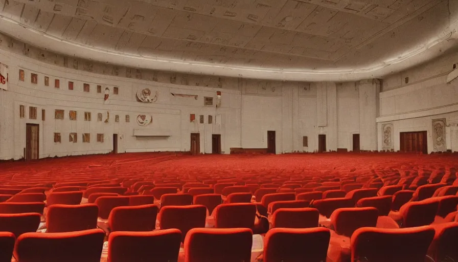 Image similar to 60s movie still of a sovietic stalinist style empty congress palace, with a Karl Marx portrait, cinestill 800t 50mm eastmancolor, liminal Space style, heavy grain-s 150