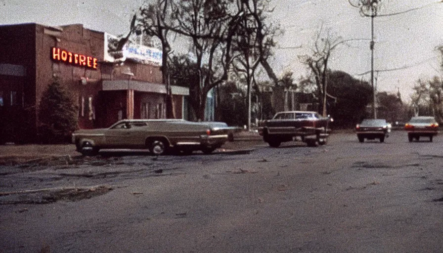 Image similar to 7 0 s film still from a horror movie about a dead cop, kodachrome, cinecolor, cinestill, film grain, film texture, retro, cinematic, high resolution, photorealism,