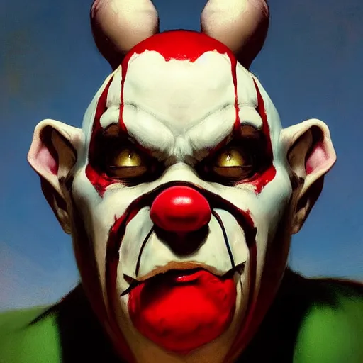 Image similar to 4k headshot portrait of Spawn clown from Macfarlane comics by Craig Mullins, ilya kuvshinov, krenz cushart, epic , artgerm trending on artstation by Edward Hopper and Dan Mumford and WLOP and Rutkovsky, beksinski carl spitzweg moebius and tuomas kocar, intricate artwork by caravaggio, Unreal Engine 5, Lumen, Nanite , 4K headshot of godlike clown with defined arms and open hands and bloody clothes with giant mandala wings , intricate face , flawless anime cel animation by Kentaro Miura, psychedelic , highly detailed upper body , professionally post-processed , beautiful, scary, symmetry accurate features, epic, octane rendered, anime masterpiece, accurate