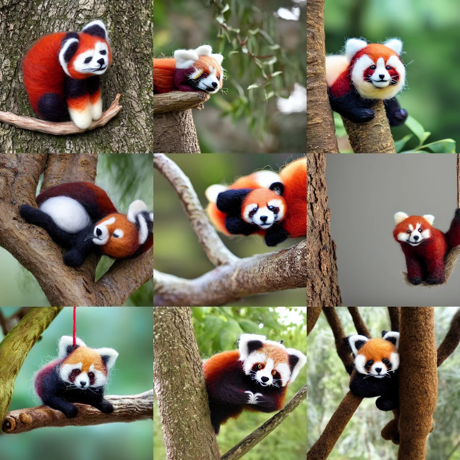 Prompt: needle felted red panda sleeping on a tree branch, limbs dangling, highly detailed, fluffy, bristly fur, tilt shift, cute, hyperrealism, highly textured, god rays