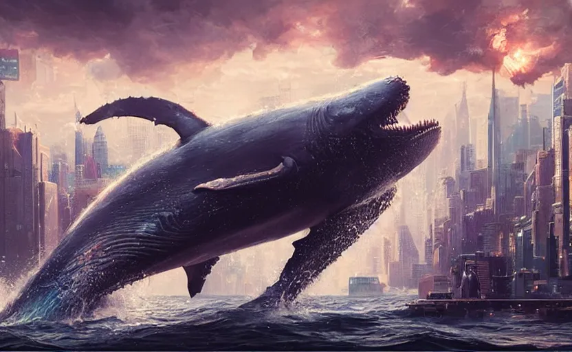 Image similar to cyberpunk whale attacking Newyork city ,digital art,ultra realistic,ultra detailed, ultra wide Lens, art by greg rutkowski