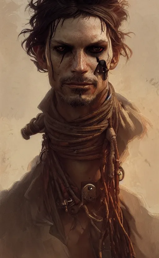 Image similar to a portrait of a male pirate, sick and skinny, dirty face, no teeth, concept art, deep focus, intricate, highly detailed, digital painting, artstation, matte, sharp focus, illustration, art by greg rutkowski and alphonse mucha