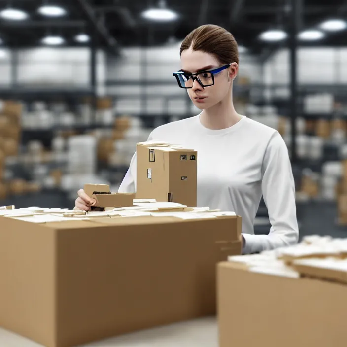 Prompt: hyperrealistic photo of a pale white amazon employee sorting packages, with square glasses, sitting, 8 k octane beautifully detailed render, post - processing, extremely hyperdetailed, trending on artstation