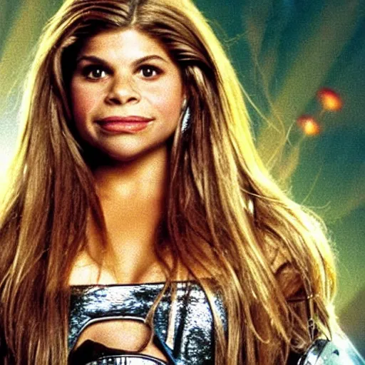 Prompt: promotional portrait of <Danielle Fishel circa 1993> as <Topanga Lawrence the Space Priestess> in the new movie directed by <Tetsuya Nomura>, <heavily armored and brandishing sci-fi blaster>, <perfect face>, movie still frame, promotional image, imax 70 mm footage