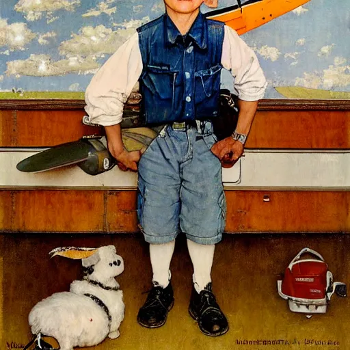 Image similar to a Norman Rockwell painting of a boy and his small airplane