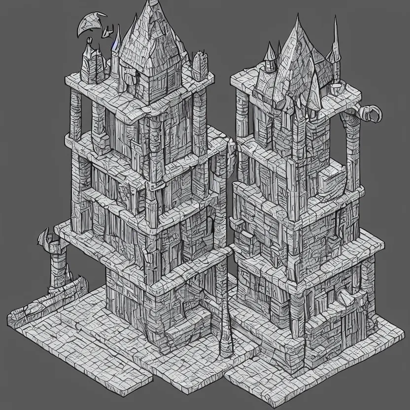 Prompt: isometric view of a wizard's tower, lineart