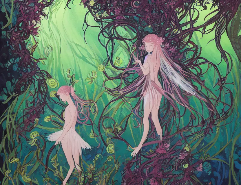 Image similar to fairy princess of the kelp forest. gouache painting by award - winning mangaka, chiaroscuro, bloom, backlighting, intricate details