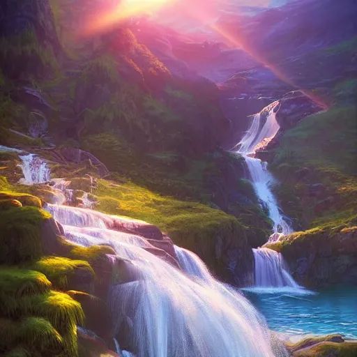 Image similar to beautiful waterfall between lush mountains in the sunset casting rays of light, highly detailed, sharp focus, artgerm, cgsociety