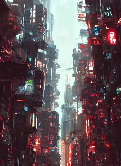 Prompt: a city street filled with lots of tall buildings, cyberpunk art by senior environment artist, trending on cgsociety, panfuturism, concept art, reimagined by industrial light and magic, dystopian art