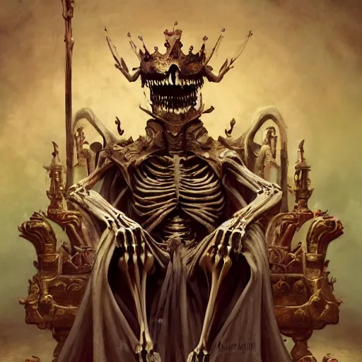 Image similar to skeleton king sitting on a throne in a palace by Stanley Artgerm Lau, frank frazetta, Rossdraws, James Jean, gerald brom, Andrei Riabovitchev, Marc Simonetti, and Sakimichan, trending on artstation, SFW version