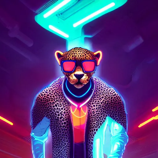 Image similar to a beautiful commission of a male anthropomorphic cheetah wearing a neon jacket,futuristic,detailed face,character design by charles bowater,mohawk,cyberpunk style,deviantart,artstation,art by greg rutkowski,ross tran,professional lighting,neon city,night,raytracing,rtx,highly realistic,4k