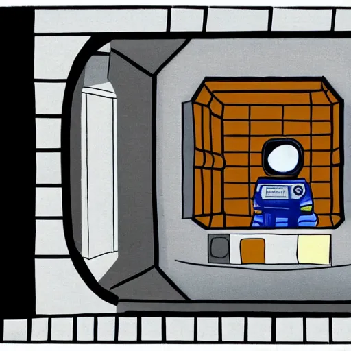 Image similar to an interior movie set made entirely of cardboard duct tape of an alien space ship, there's a window which is a poorly rendered jpeg of space, the astronauts are wearing blocky cardboard spacesuits, and the alien is a cardboard stand hastily colored in with crayon, photorealistic