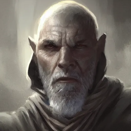 Image similar to portrait of a man by greg rutkowski, old jedi master, he looks like sam witwer, very short hair, wearing gray jedi robes, star wars expanded universe, he is about 6 0 years old, highly detailed portrait, digital painting, artstation, concept art, smooth, sharp foccus ilustration, artstation hq