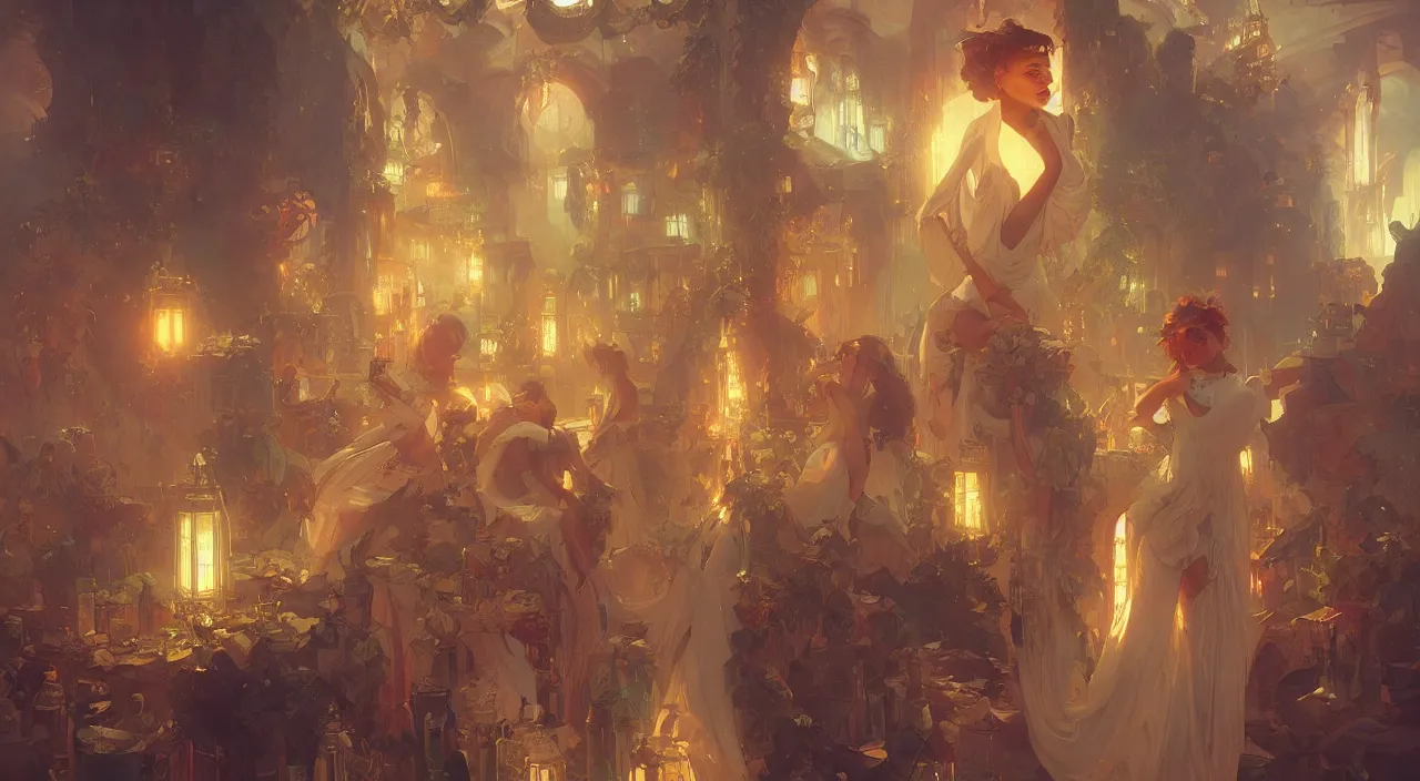 Image similar to bazaar zouk place sky shine digital painting, artstation, concept art, illustration, cinematic lighting, art by artgerm and greg rutkowski and alphonse mucha