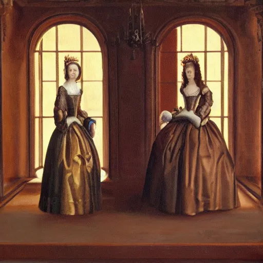 Image similar to oil on canvas painting no frame visible. two women in a vast castle lobby wearing fine clothes. dark room with light coming through the right side of the place. baroque style 1 6 5 6. high quality painting, no distortion on subject faces.