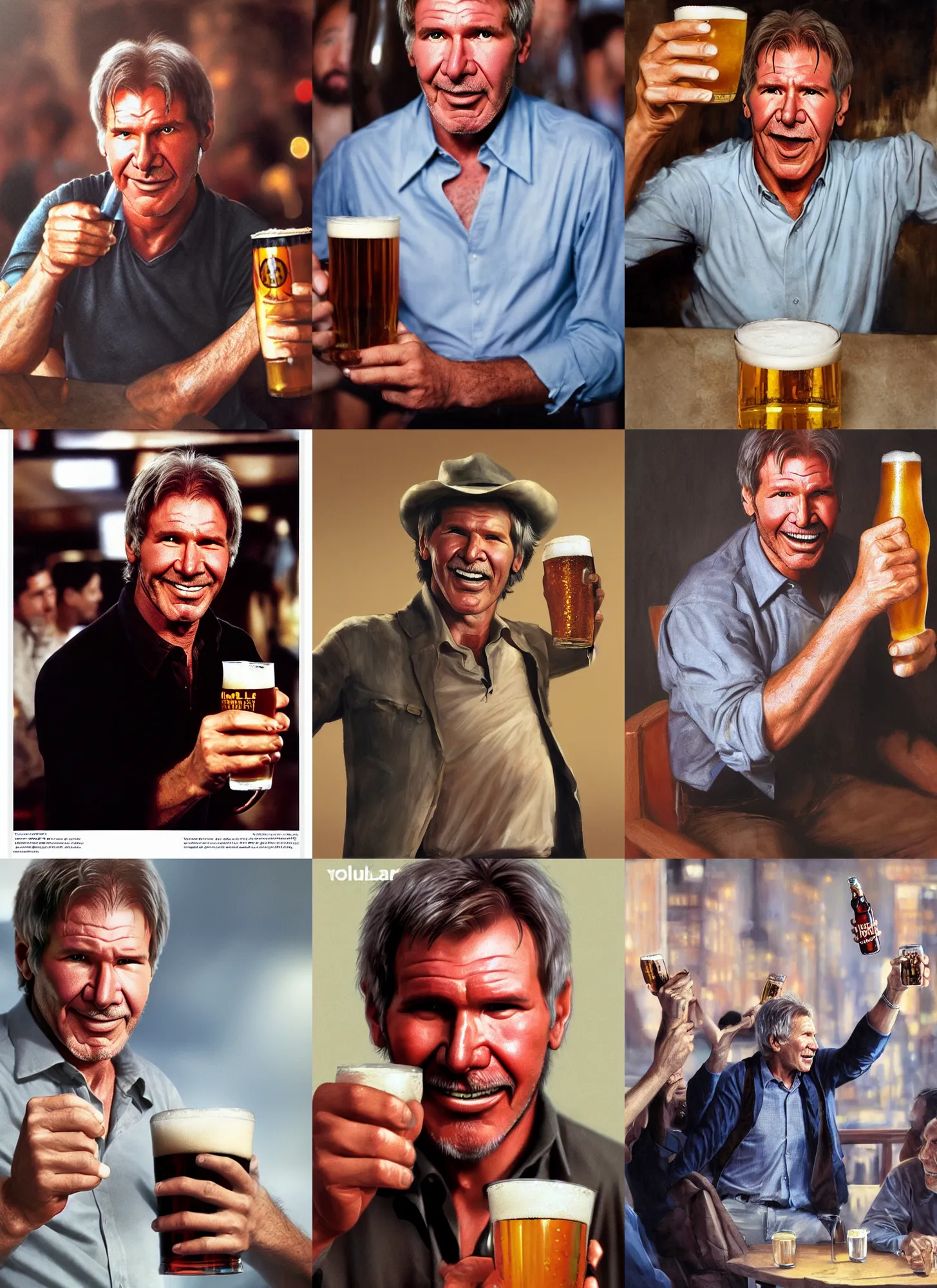 Prompt: portrait of harrison ford cheering beer, photography by steve mccurry and david lazar, volumetric lighting, very detailed face, artstation, press, magazine