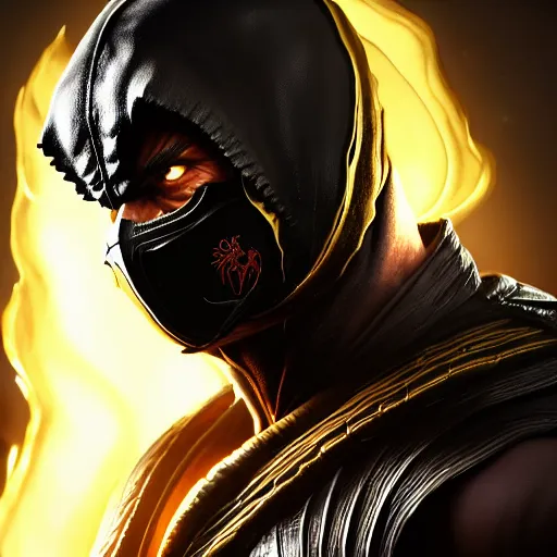 Prompt: Portrait of Scorpion from Mortal Kombat 11, anger, mystery, fear, highly detailed, ominous vibe, smoke, octane render, cgsociety, artstation, trending on ArtStation, by Lee Heng Eng