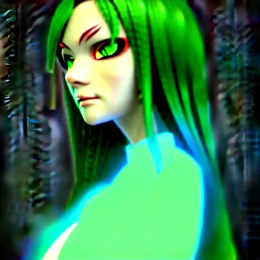 Image similar to a woman with dark green hair and glowing green eyes, anime, artstation, trending on artstation, high quality